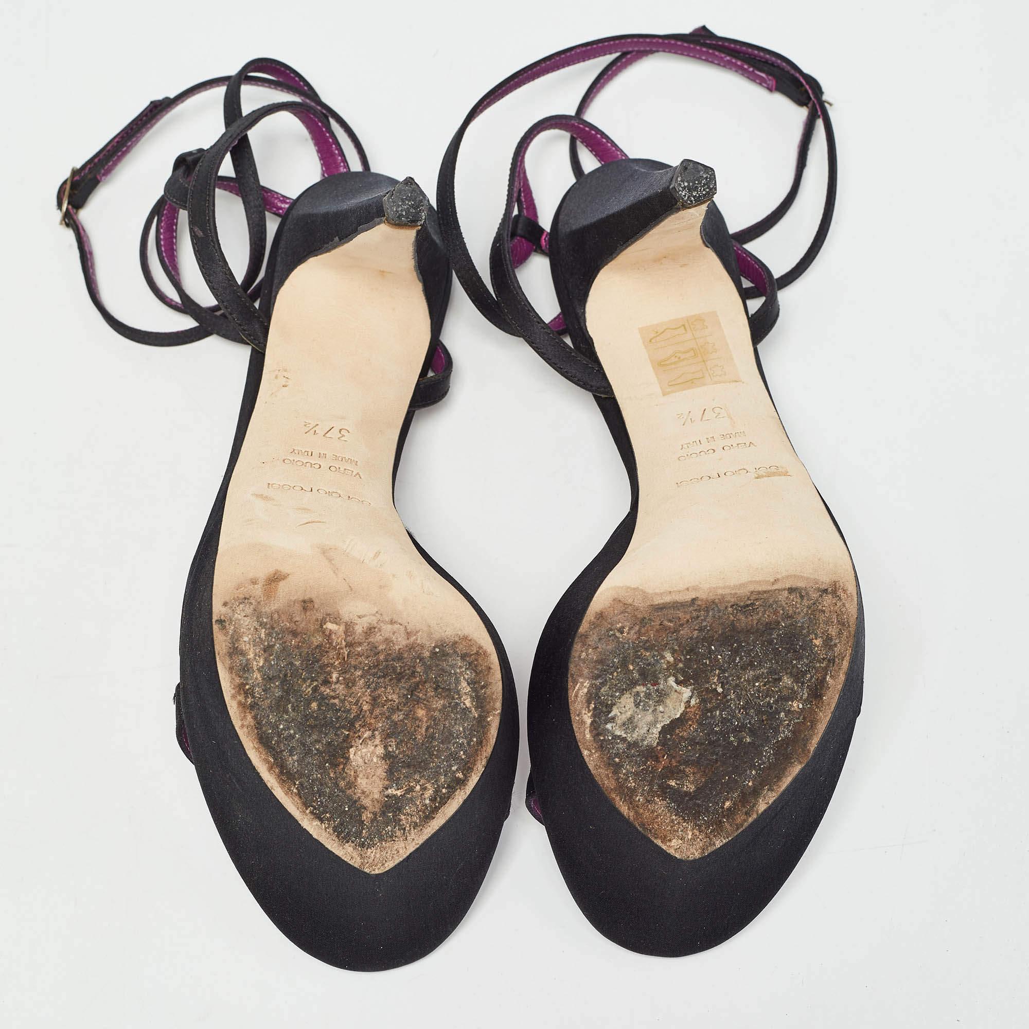 Sergio Rossi Black Satin Ankle Strap Platform Sandals Size 37.5 For Sale 2