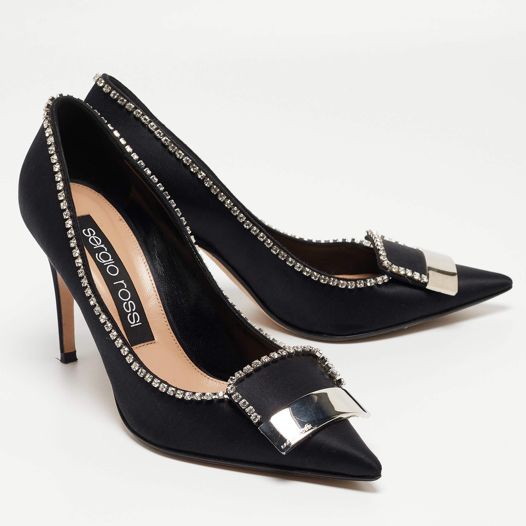 Women's Sergio Rossi Black Satin Crystal Embellished Pumps Size 39.5