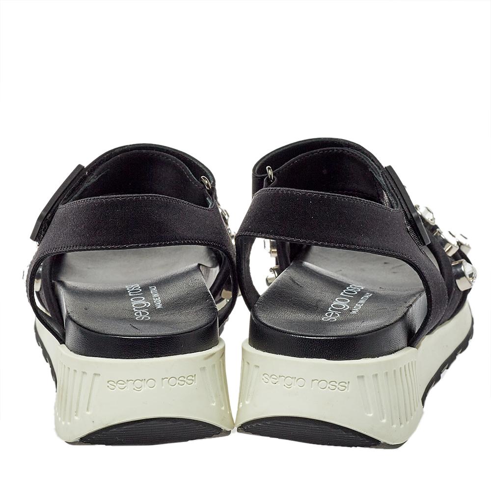 Women's Sergio Rossi Black Satin Embellished Criss Cross Flat Sandals Size 38