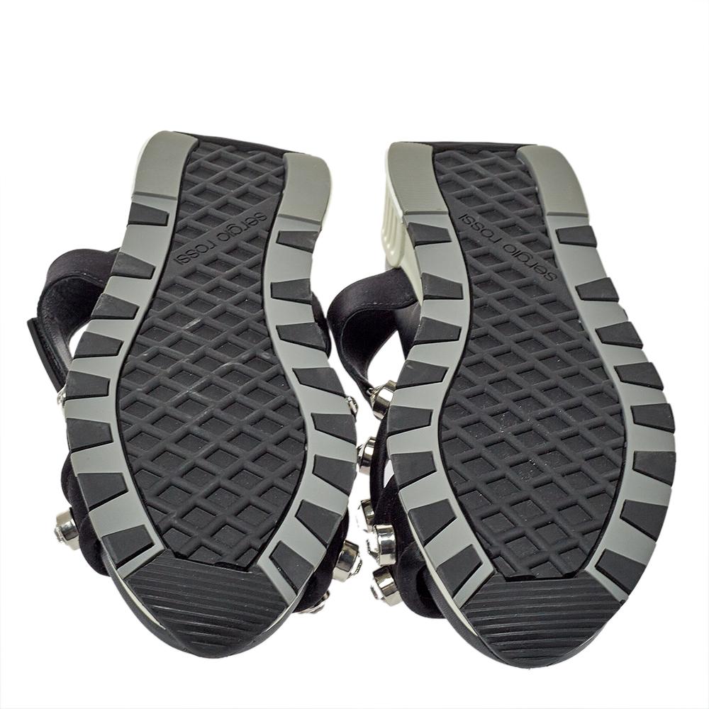 Sergio Rossi Black Satin Embellished Criss Cross Flat Sandals Size 38 2