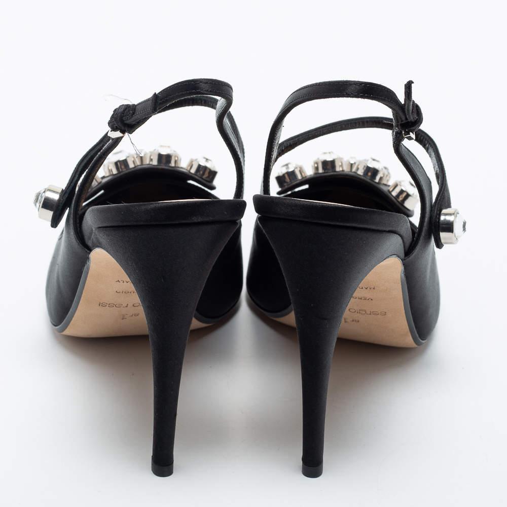 Sergio Rossi Black Satin Embellished Slingback Sandals Size 40 In New Condition For Sale In Dubai, Al Qouz 2