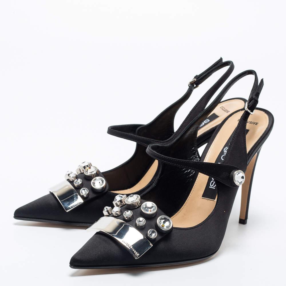 Women's Sergio Rossi Black Satin Embellished Slingback Sandals Size 40 For Sale