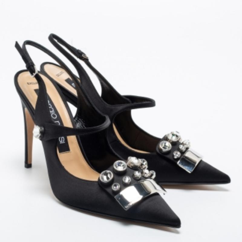 Sergio Rossi Sandalias de satén negro con adornos Slingback talla 40 en venta 1