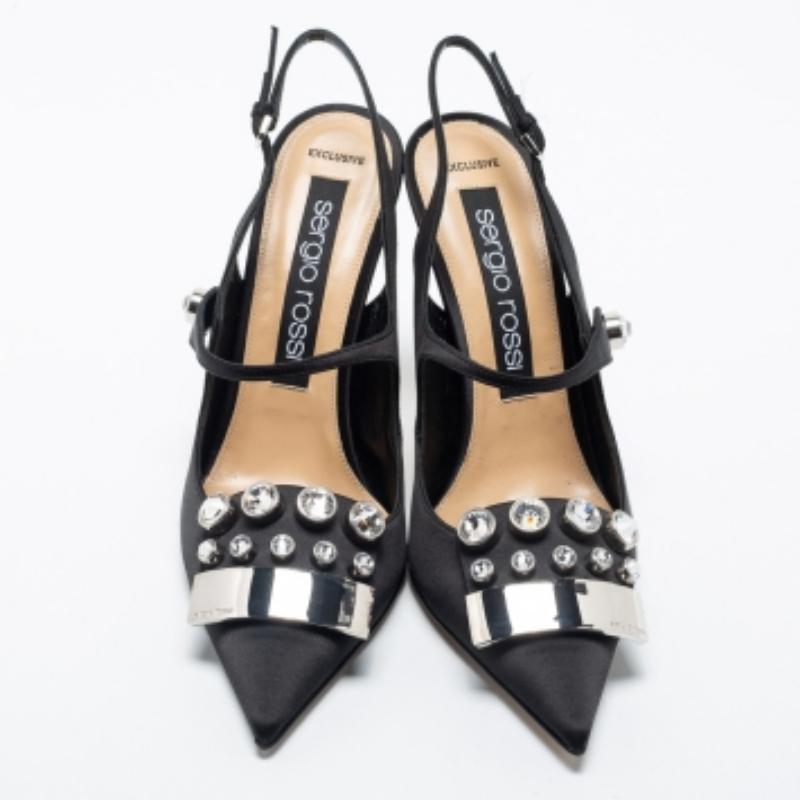 Sergio Rossi Sandalias de satén negro con adornos Slingback talla 40 en venta 2