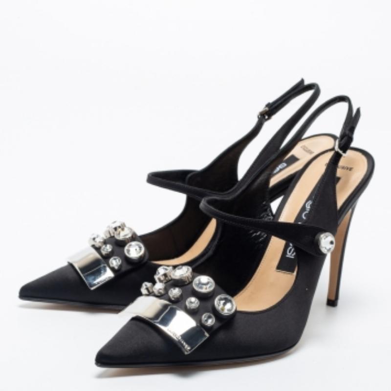 Sergio Rossi Sandalias de satén negro con adornos Slingback talla 40 en venta 3