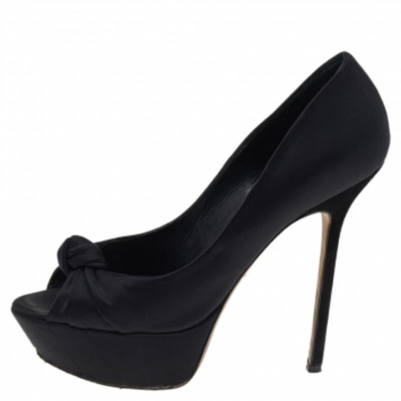Sergio Rossi Negro Satén Anudado Peep Toe Plataforma Bombas Tamaño 38 en venta