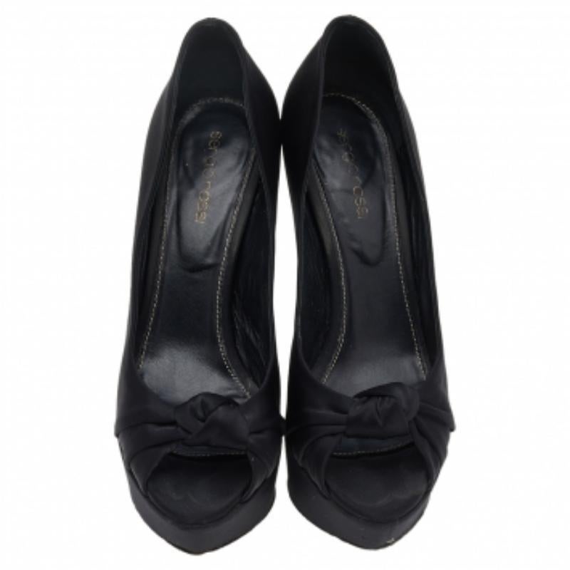Sergio Rossi Negro Satén Anudado Peep Toe Plataforma Bombas Tamaño 38 en venta 2