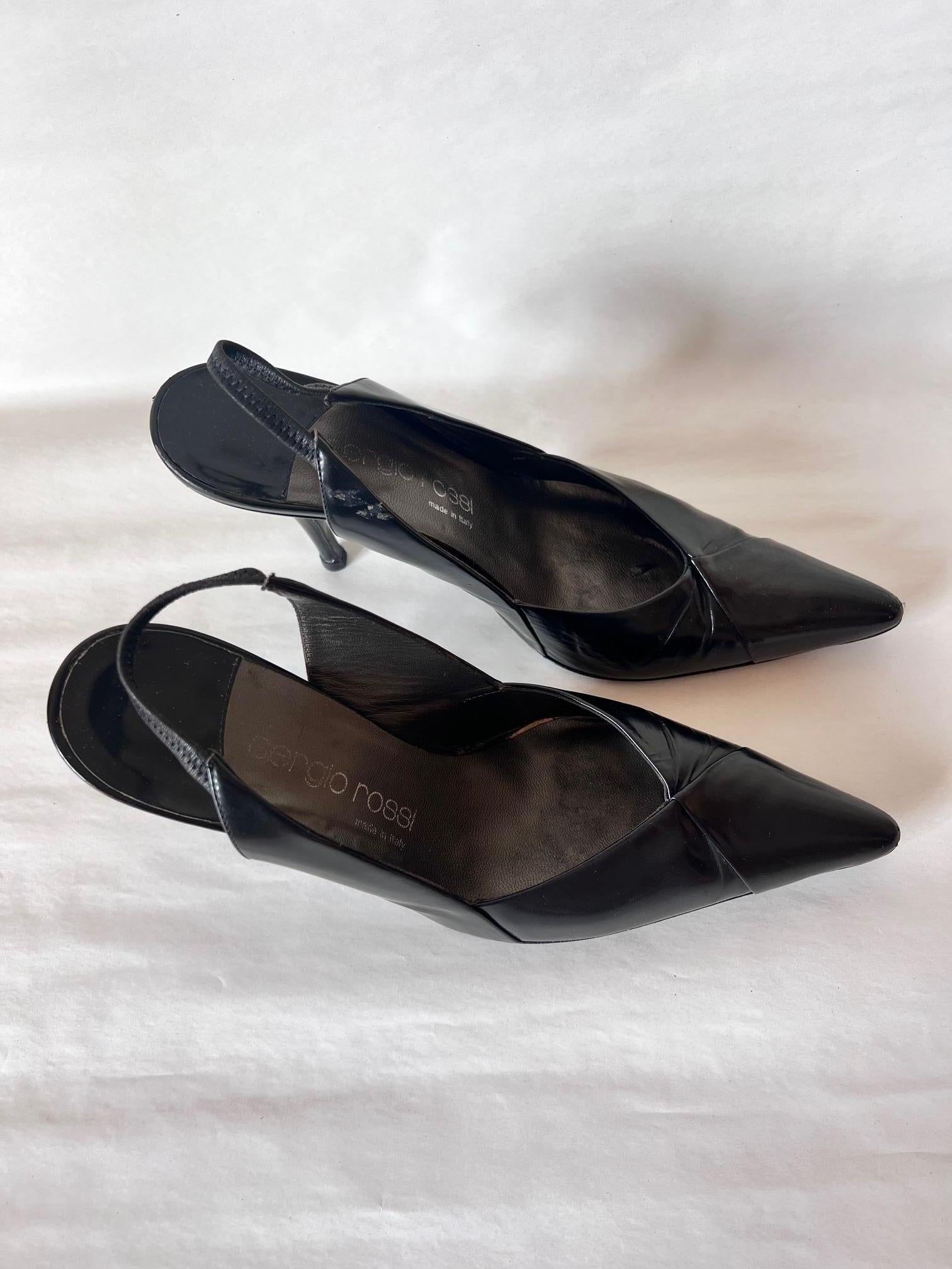 Sergio Rossi Black Satin Leather Cocktail Open Back Shoes For Sale 3