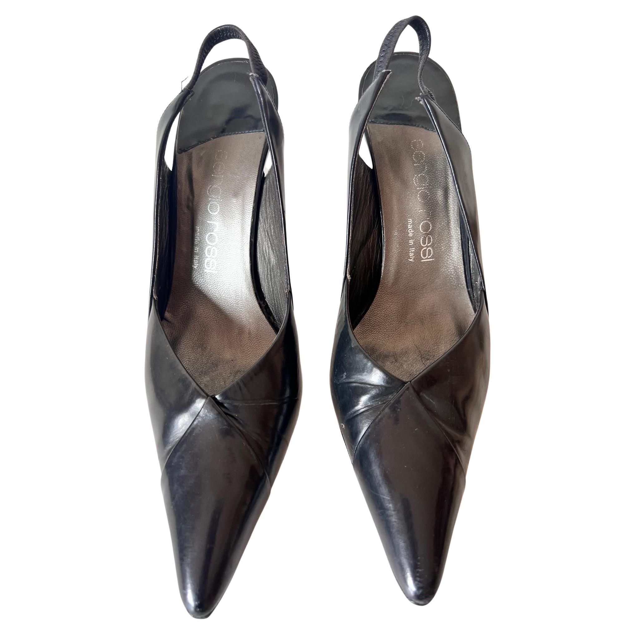 Sergio Rossi Black Satin Leather Cocktail Open Back Shoes For Sale