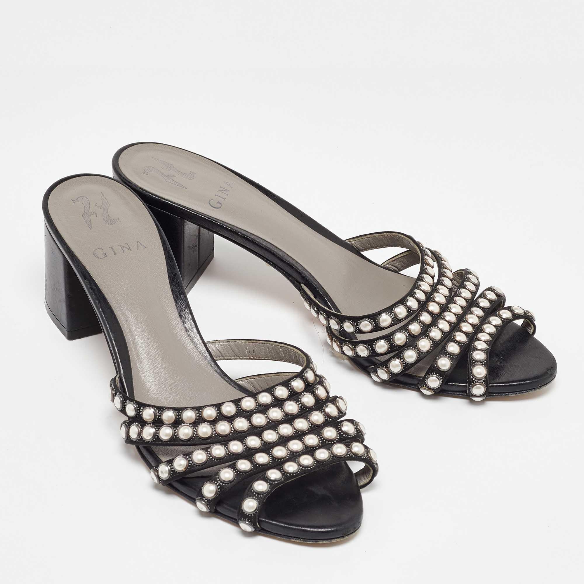 Women's Sergio Rossi Black Satin Pearl Studded Slide Sandals Size 40.5 For Sale