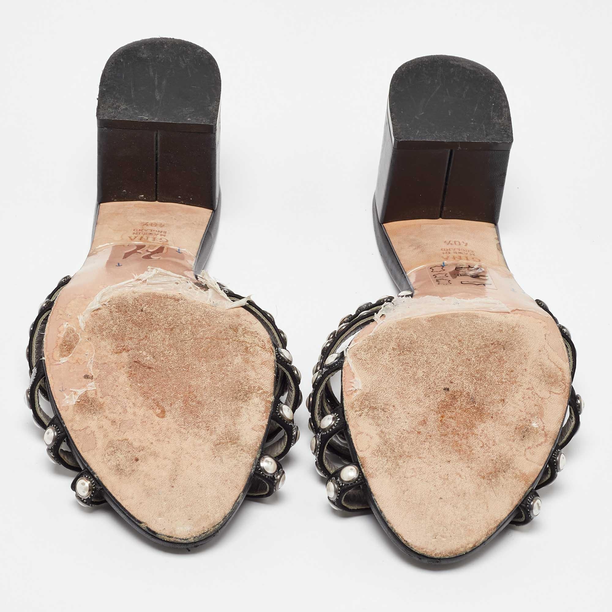 Sergio Rossi Black Satin Pearl Studded Slide Sandals Size 40.5 For Sale 2