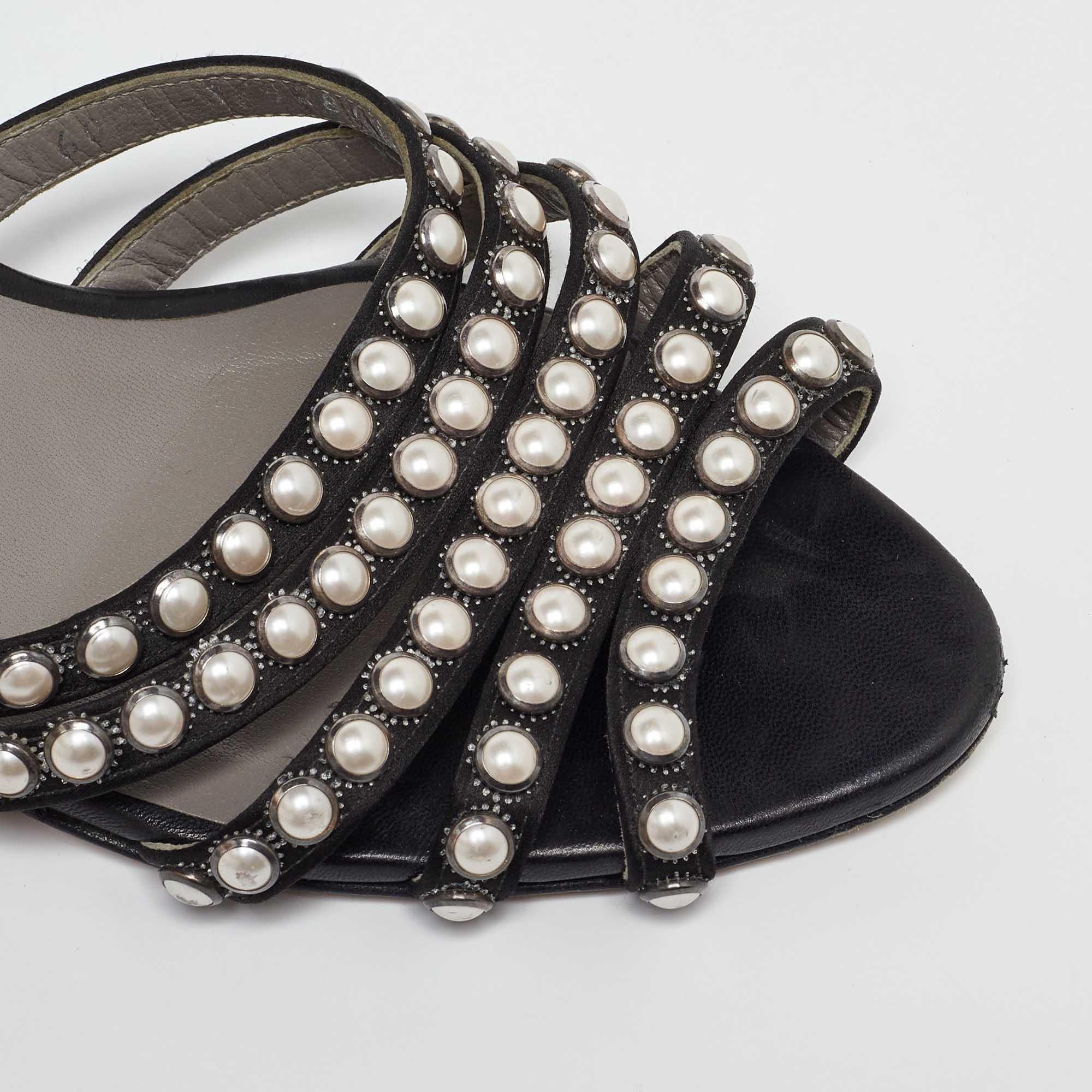 Sergio Rossi Black Satin Pearl Studded Slide Sandals Size 40.5 For Sale 3