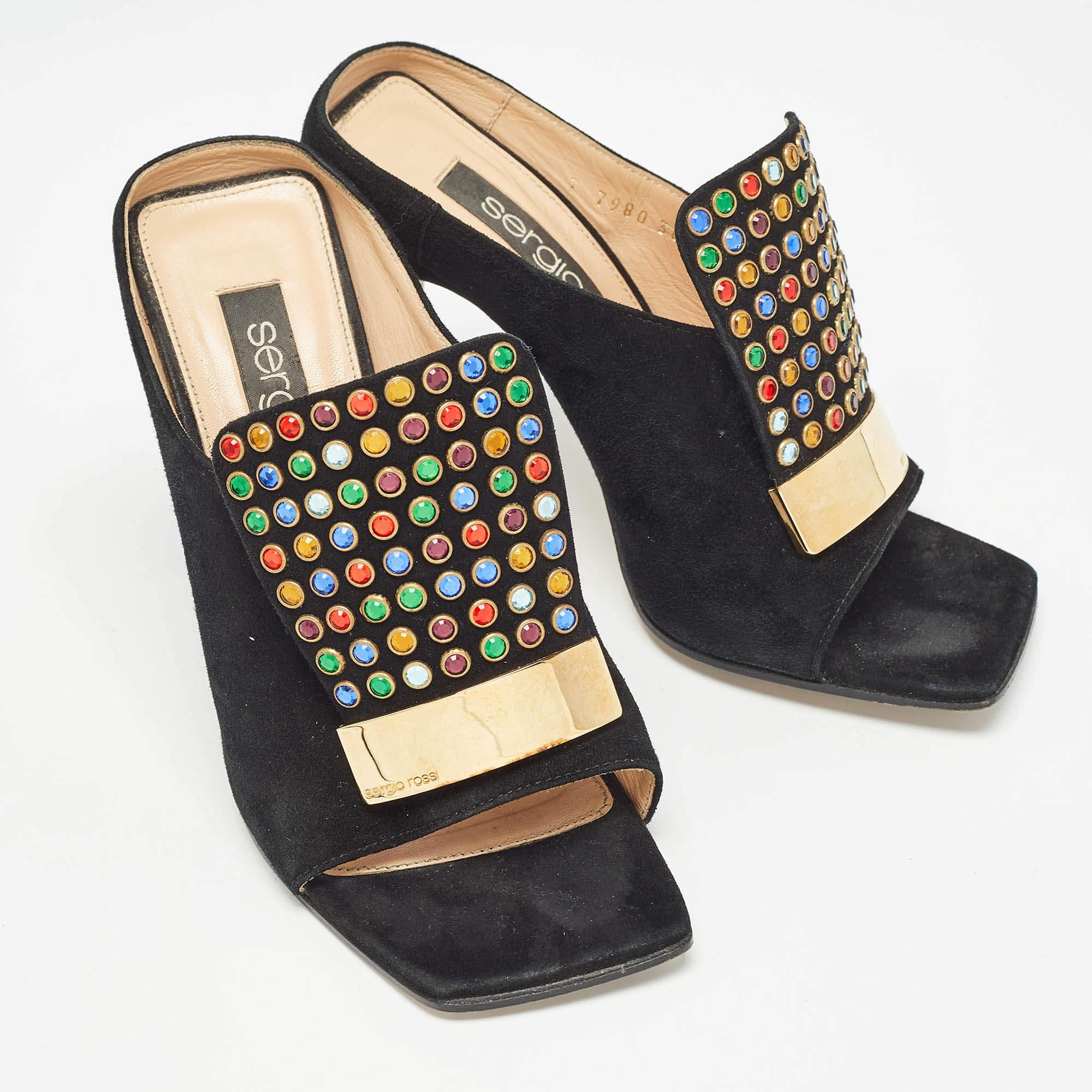 Donna Sergio Rossi Nero SR1 Cristalli Tacco Mules Taglia 36.5 in vendita