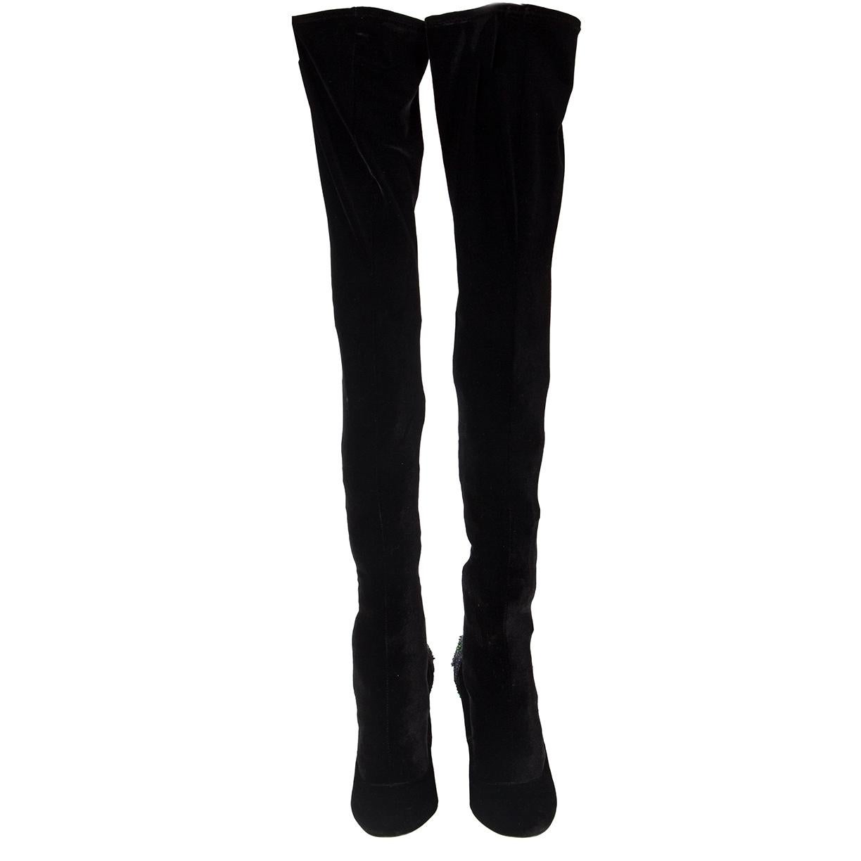 100% authentic Sergio Rossi stretchy over-knee boots in black velvet embellished with turquoise, blue, royal blue, green, line green, violet and black beads featuring block-heel and round-toe. Brand new. 

Measurements
Imprinted Size	40.5
Shoe