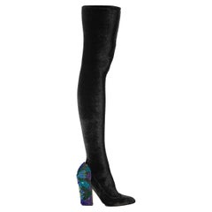 SERGIO ROSSI black STRETCH VELVET EMBELLISHED OVER THE KNEE Boots Shoes 40.5