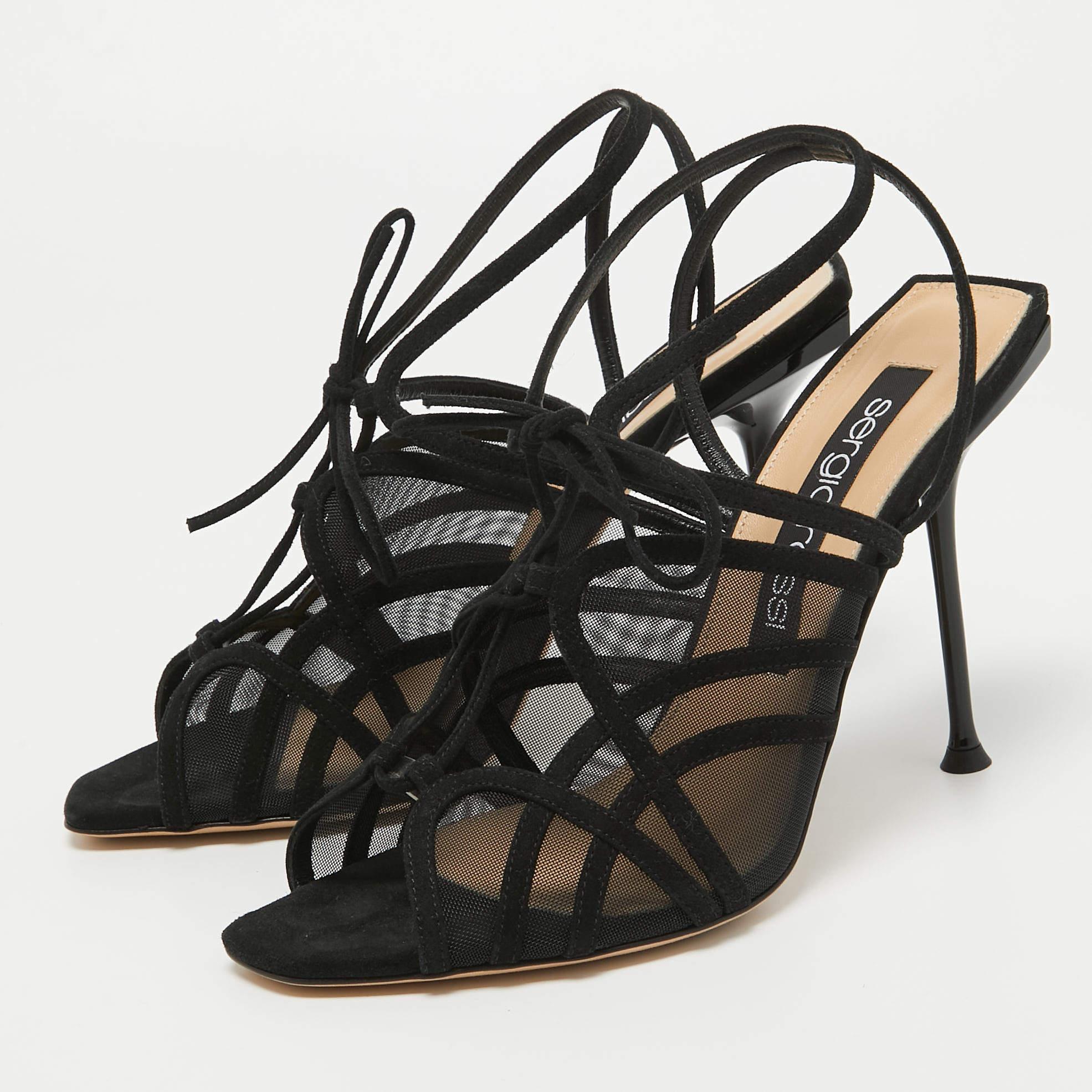 Sergio Rossi Black Suede and Mesh Ankle Strap Sandals Size 40 For Sale 1