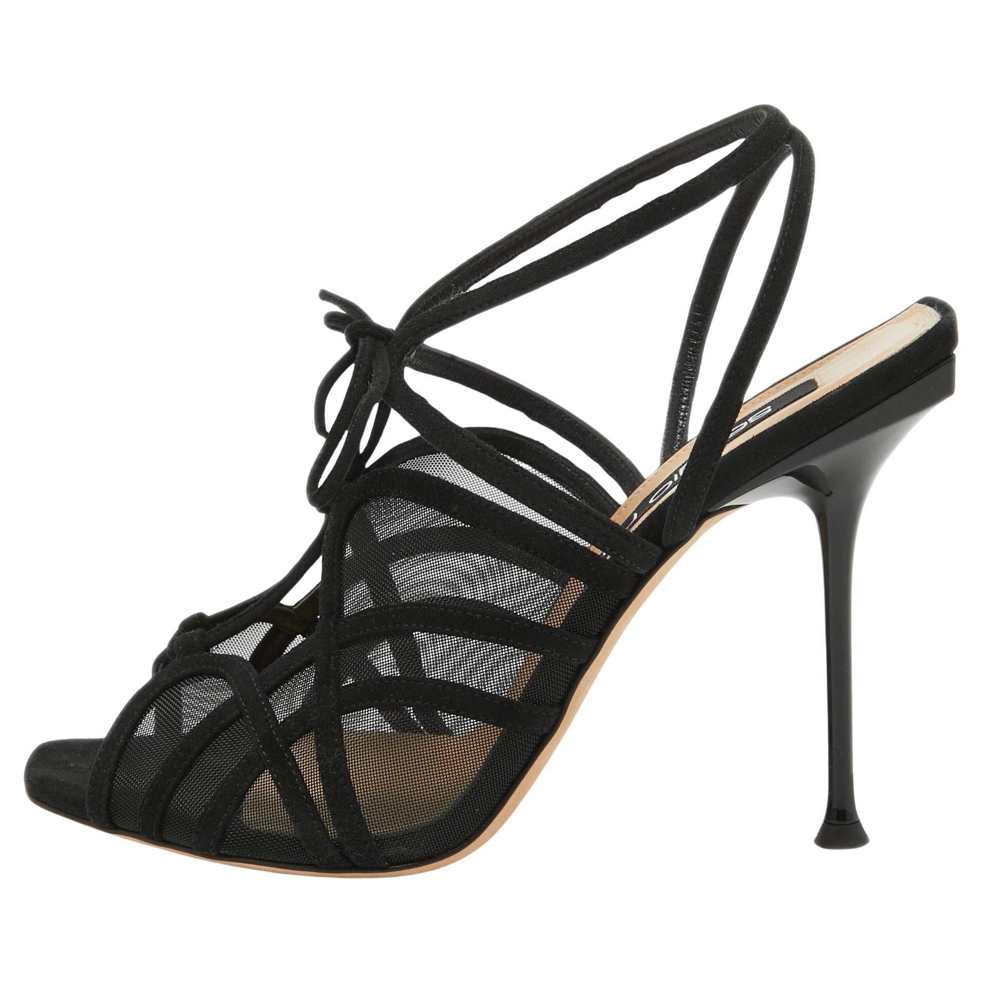 Sergio Rossi Black Suede and Mesh Ankle Strap Sandals Size 40 For Sale