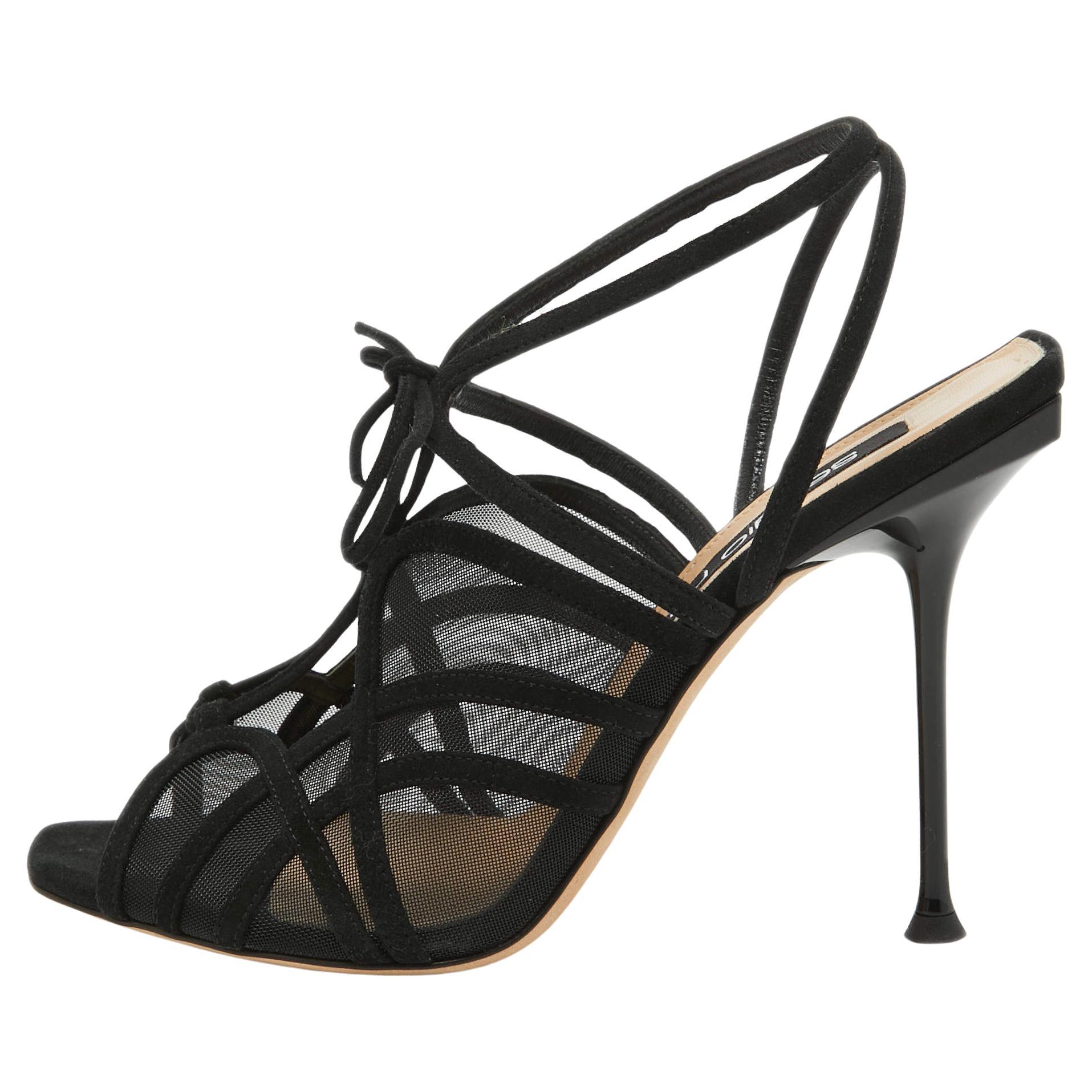 Sergio Rossi Black Suede and Mesh Ankle Strap Sandals Size 40
