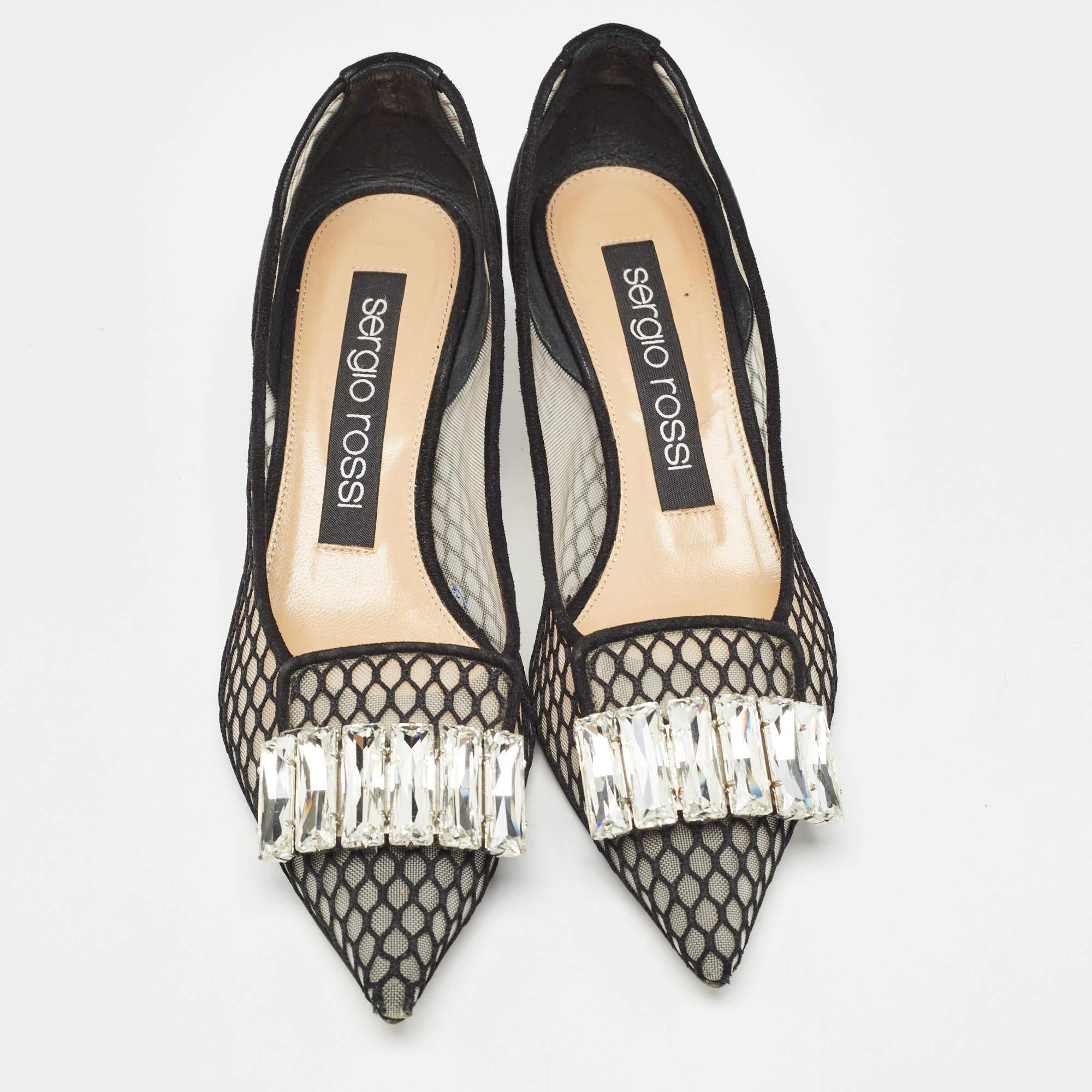 Sergio Rossi Black Suede and Mesh Crystals Pumps Size 37 In Good Condition For Sale In Dubai, Al Qouz 2