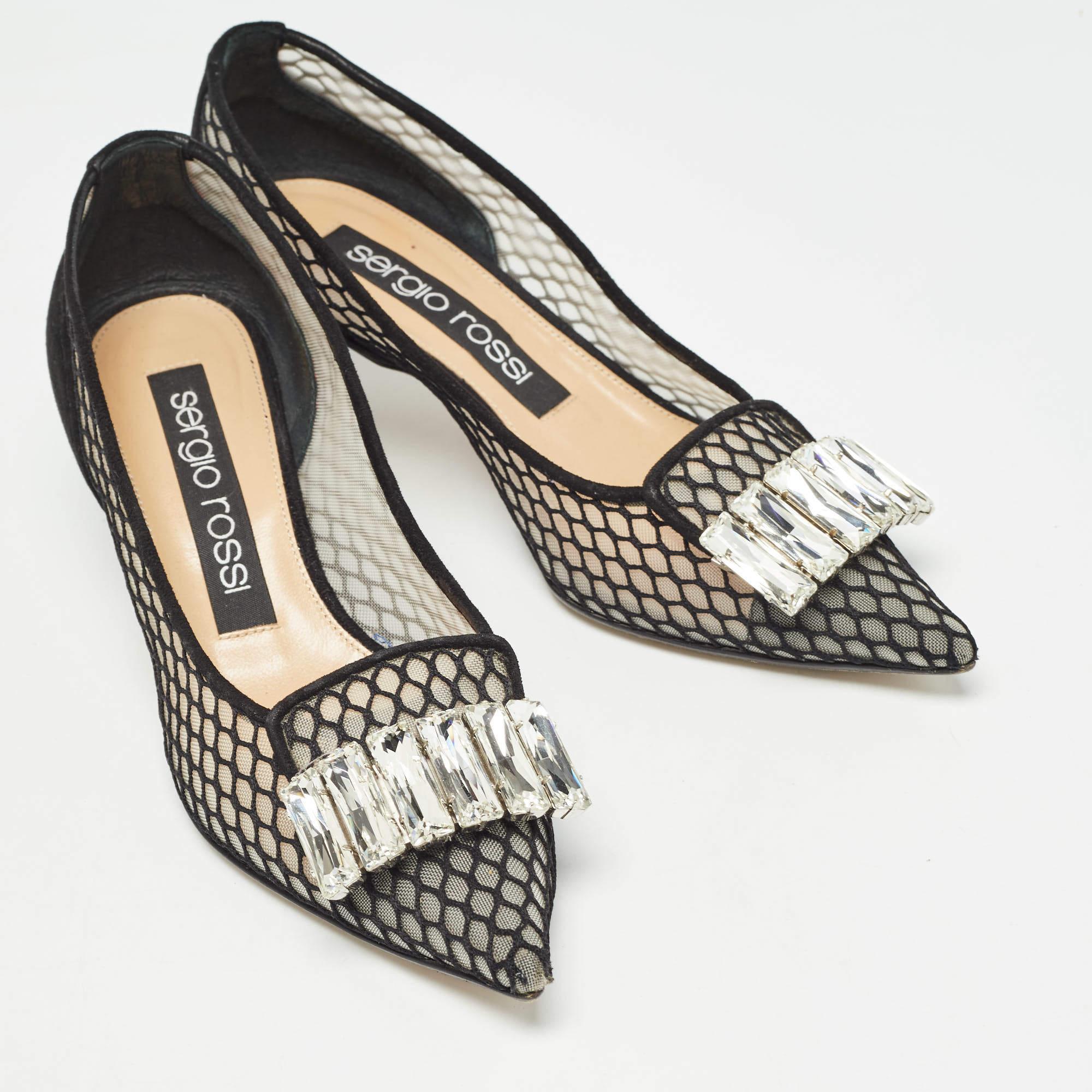 Women's Sergio Rossi Black Suede and Mesh Crystals Pumps Size 37 For Sale