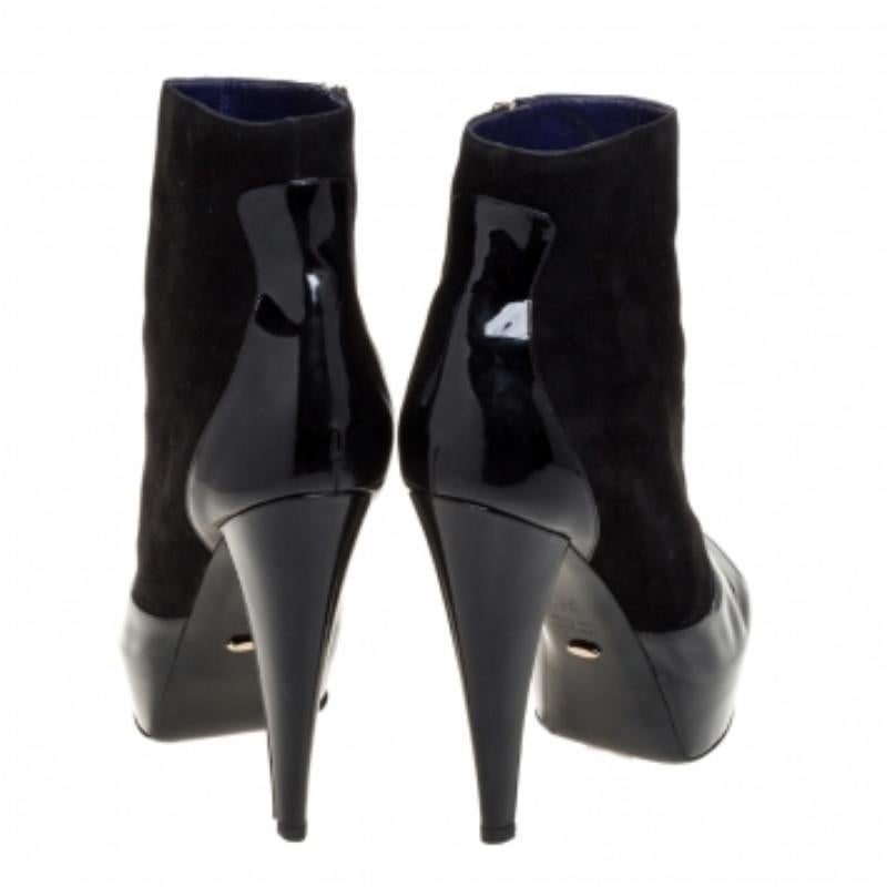 Women's Sergio Rossi Black Suede And Patent Leather Peep Toe Platform Booties Size 39.5 For Sale