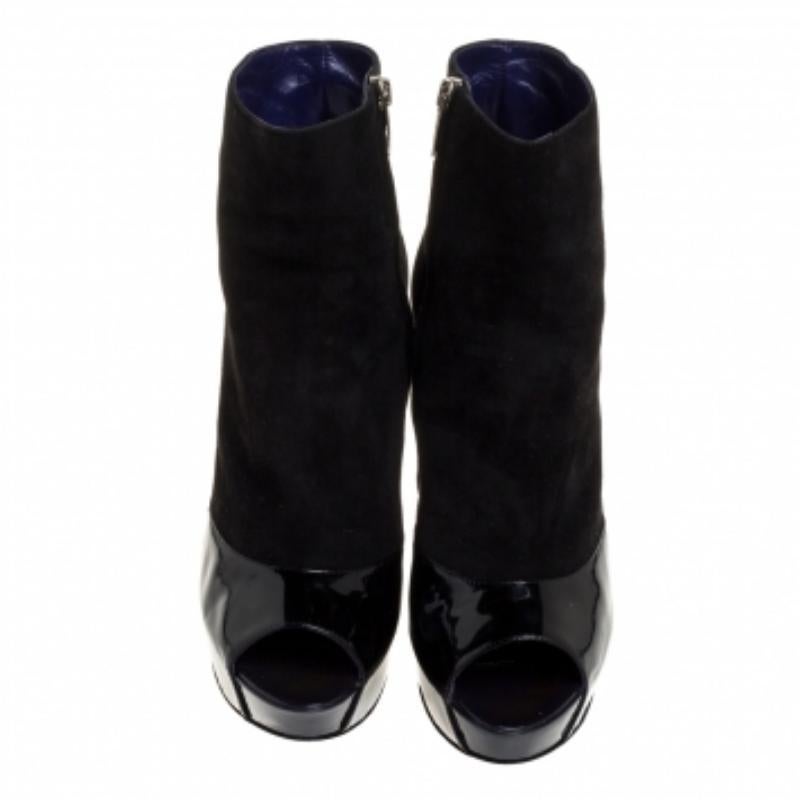 Sergio Rossi Black Suede And Patent Leather Peep Toe Platform Booties Size 39.5 For Sale 1