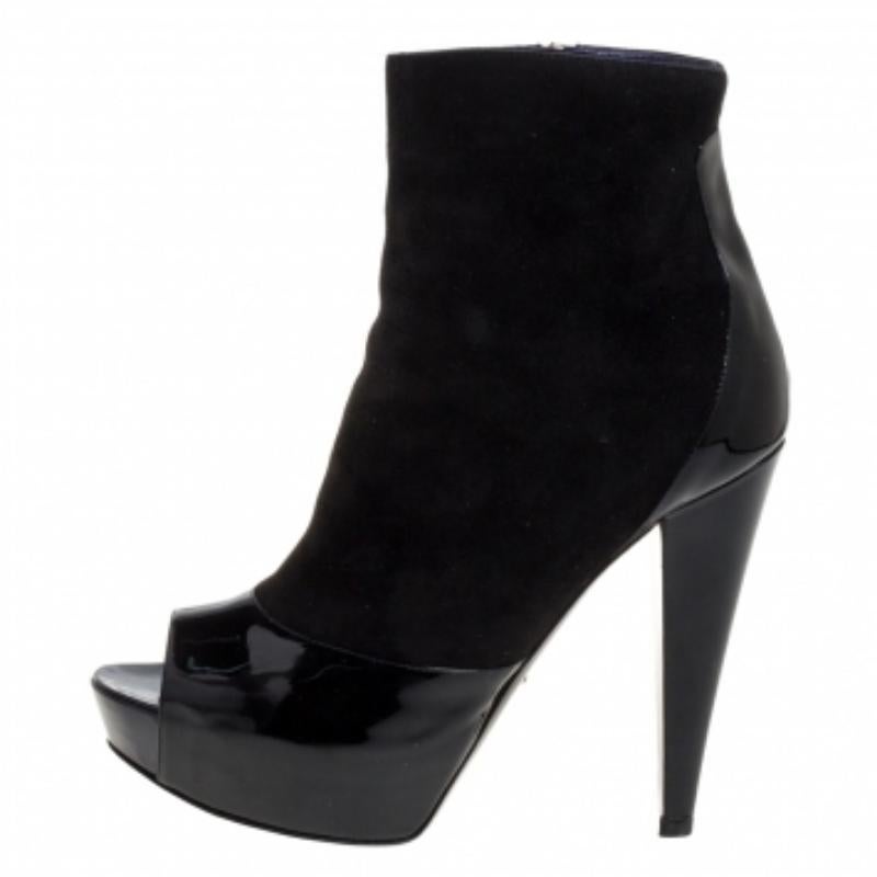 Sergio Rossi Black Suede And Patent Leather Peep Toe Platform Booties Size 39.5 For Sale 3