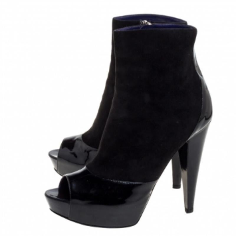 Sergio Rossi Black Suede And Patent Leather Peep Toe Platform Booties Size 39.5 For Sale 4