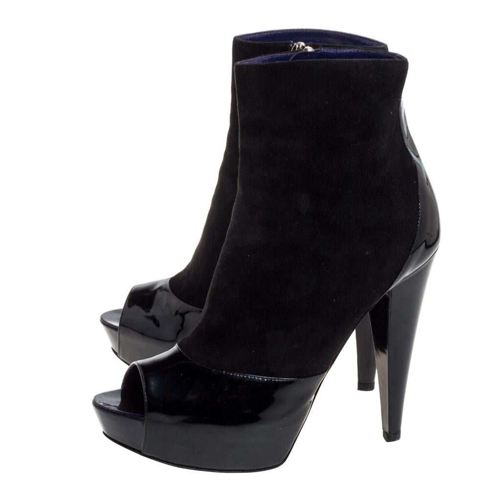 Sergio Rossi Black Suede And Patent Leather Peep Toe Platform Booties Size 39.5 For Sale 1
