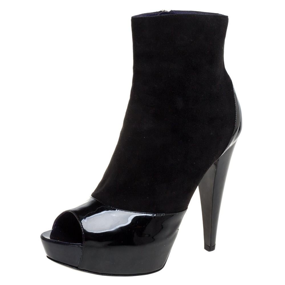 Sergio Rossi Black Suede And Patent Leather Peep Toe Platform Booties Size 39.5 For Sale