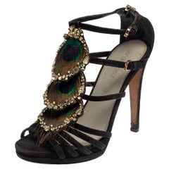 Sergio Rossi Black Suede Crystal And Peacock Embellished Sandals Size 36