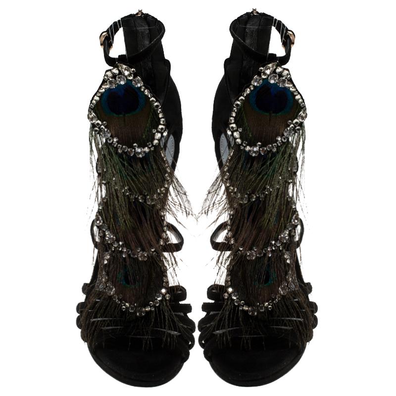 Sergio Rossi Black Suede Crystal And Peacock Platform Strappy Sandals Size 38 In Good Condition In Dubai, Al Qouz 2