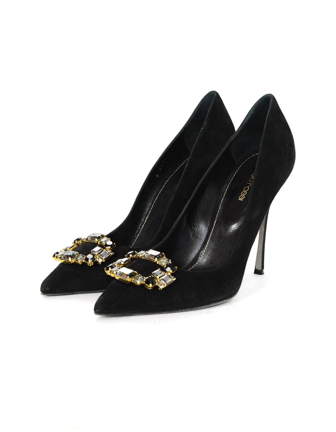 Sergio Rossi Black Suede Crystal Embellished Pumps Sz 40.5

Made In: Italy
Color: Black
Hardware: Goldtone
Materials: Suede, goldtone metal, crystals
Closure/Opening: Slide on
Overall Condition: Excellent pre-owned condition with exception of very