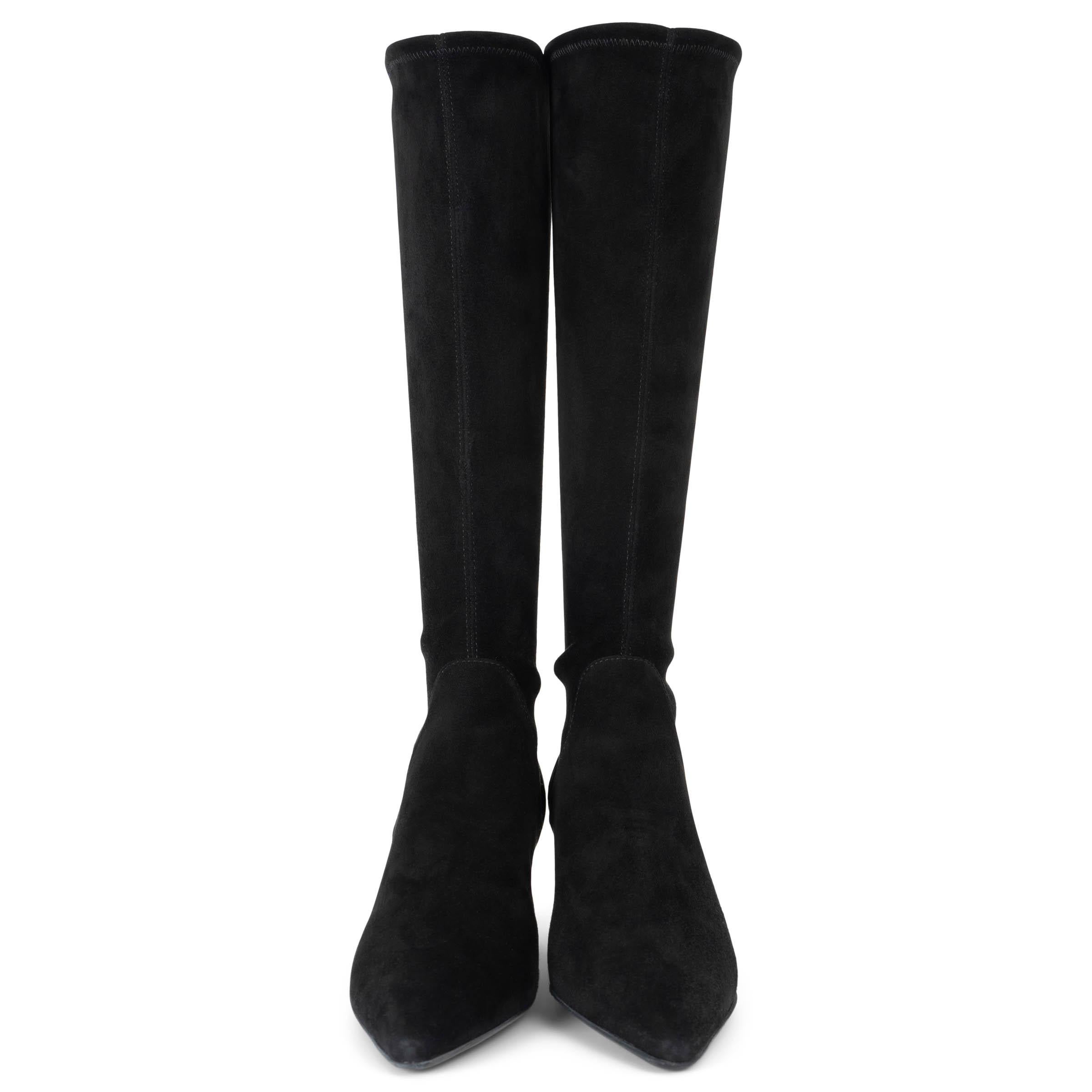These 100% authentic Sergio Rossi knee-high boots are crafted from stretchy black suede leather for a sleek and comfortable fit. Featuring a stylish pointed toe and chic kitten heels, these boots are the perfect combination of elegance and