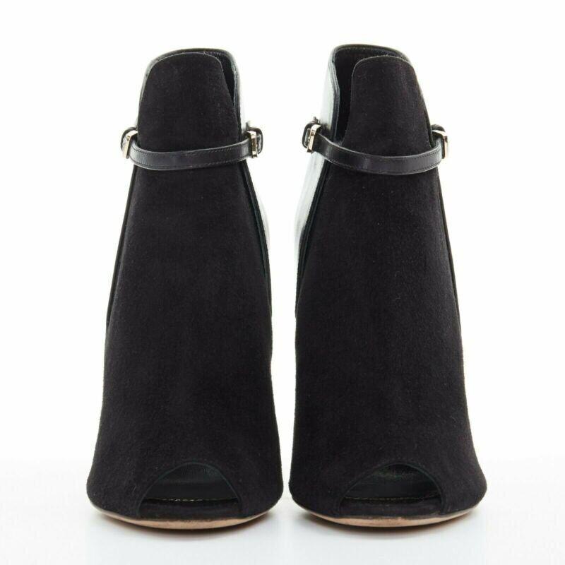 Black SERGIO ROSSI black suede leather strap buckle peep toe heel ankle bootie EU37 For Sale