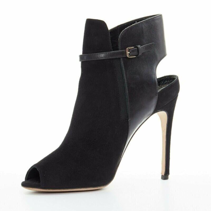 SERGIO ROSSI black suede leather strap buckle peep toe heel ankle bootie EU37 In Good Condition For Sale In Hong Kong, NT