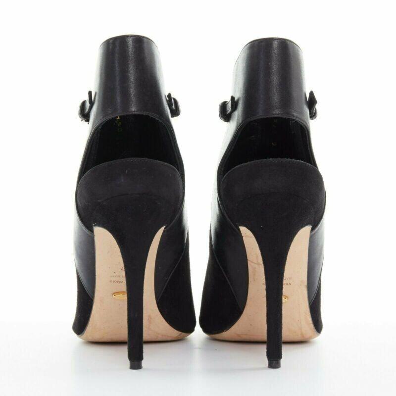 Women's SERGIO ROSSI black suede leather strap buckle peep toe heel ankle bootie EU37 For Sale
