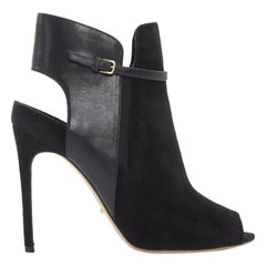 SERGIO ROSSI black suede leather strap buckle peep toe heel ankle bootie EU37
