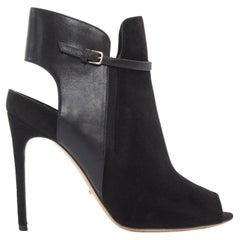 SERGIO ROSSI black suede leather strap buckle peep toe heel ankle bootie EU37