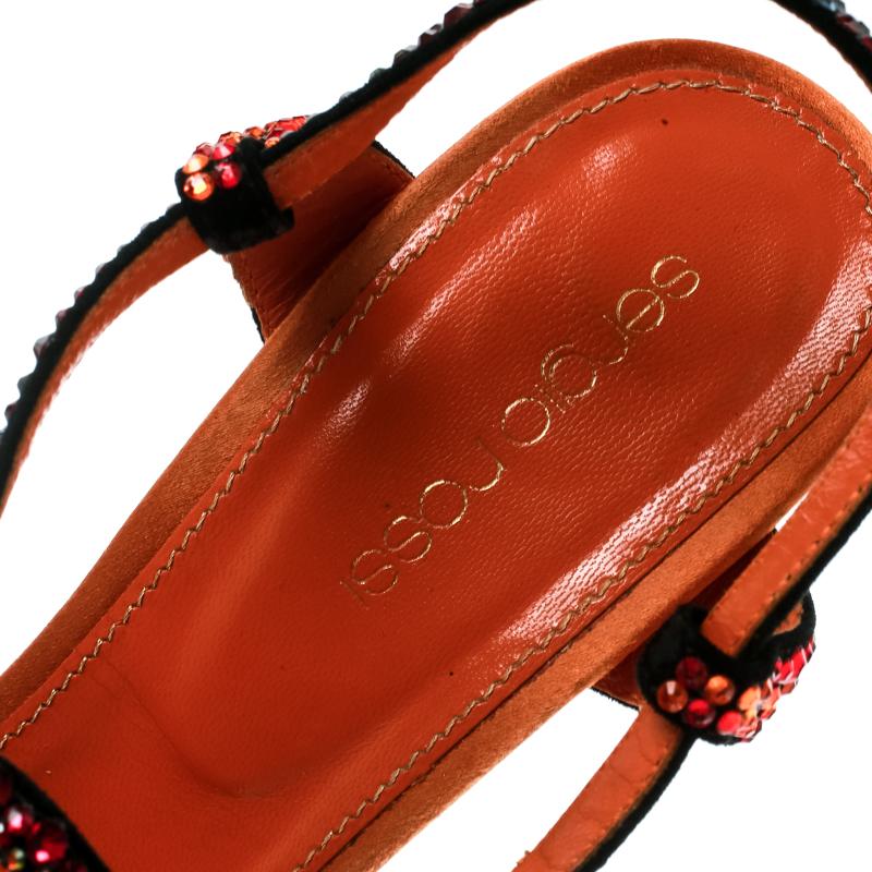 Women's Sergio Rossi Black Suede Multicolor Crystal Embellished T Strap Sandals Size 39