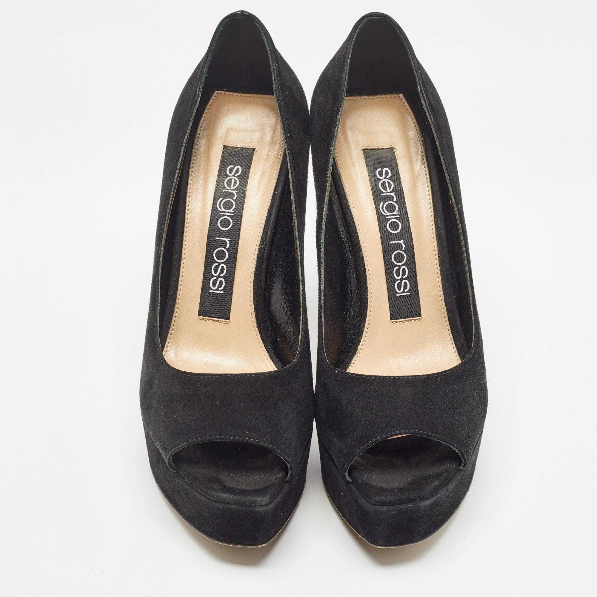 Noir Sergio Rossi Open Toe Platform Pumps en daim noir Taille 36 en vente