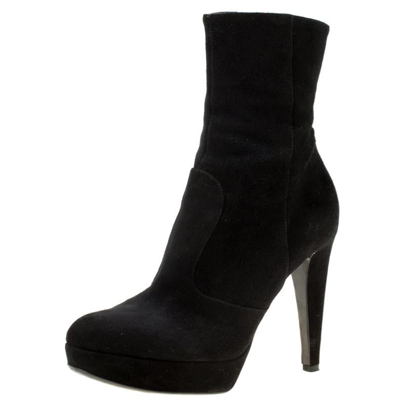 Sergio Rossi Black Suede Platform Ankle Boots Size 36.5 For Sale