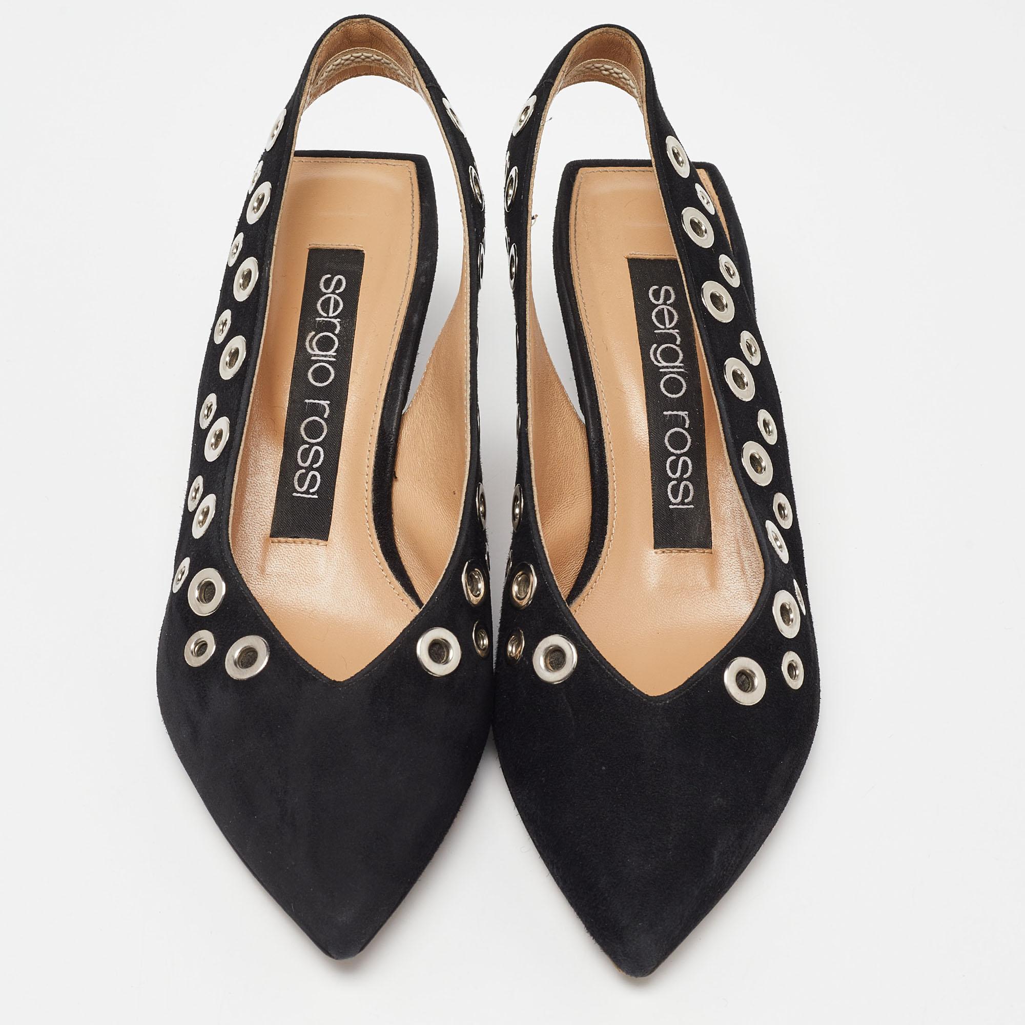 Noir Sergio Rossi - Sandales en daim noir à œillets SR - Taille 37 en vente