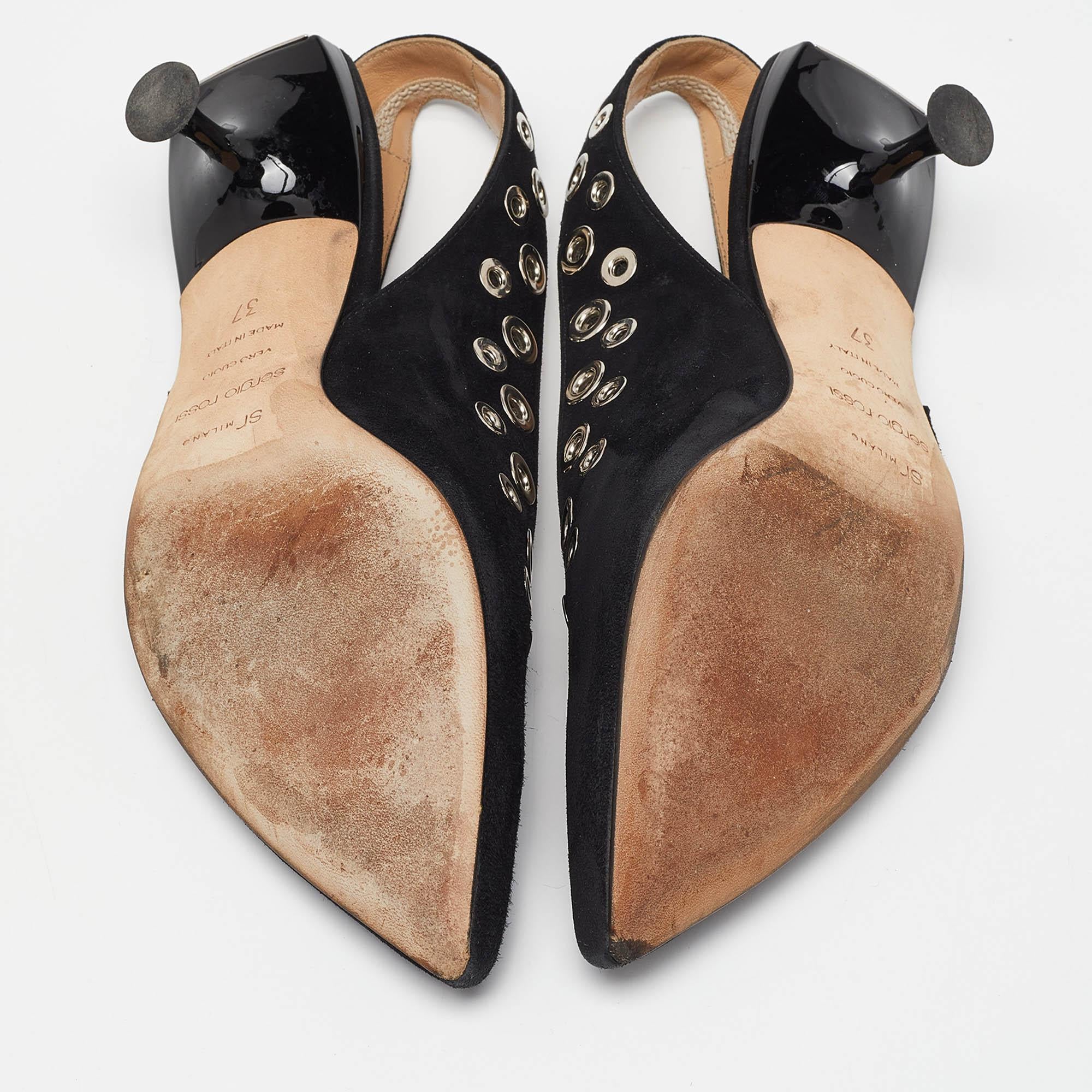 Sergio Rossi - Sandales en daim noir à œillets SR - Taille 37 en vente 1