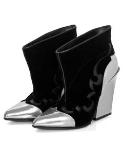 Sergio Rossi Black Velvet & Glazed Silver Leather Booties Sz 38