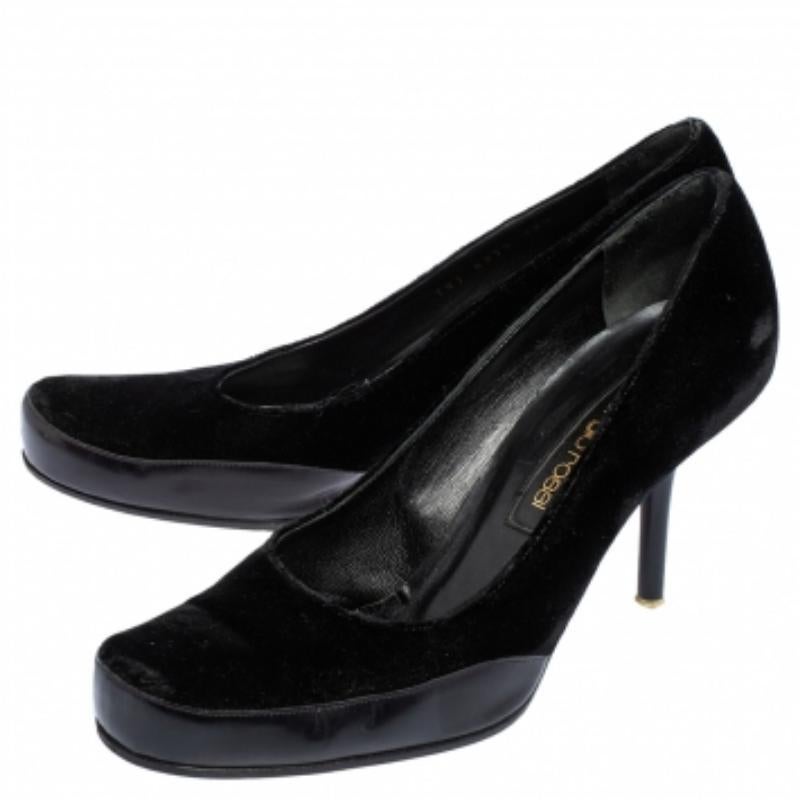 Sergio Rossi Black Velvet and Leather Square Toe Pumps Size 38.5 For Sale 2