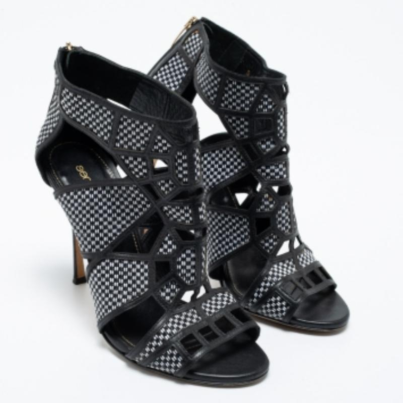 Donna Sergio Rossi Nero/Bianco  Stivaletti in paglia intrecciata e pelle ritagliata misura 36 in vendita