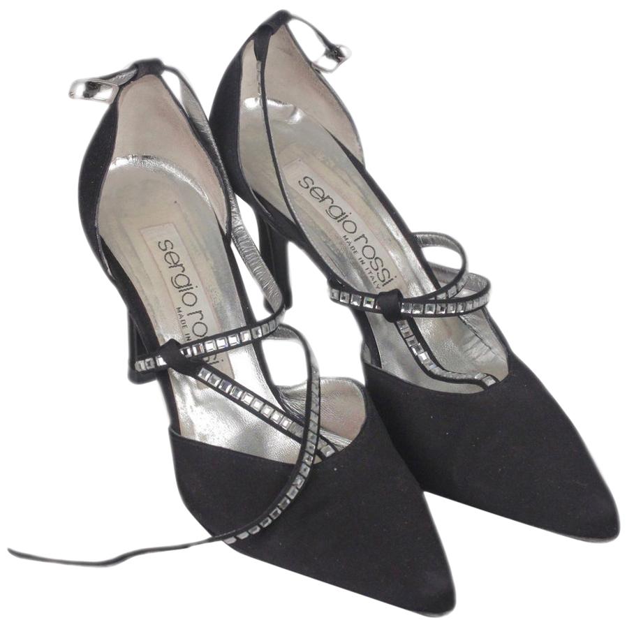 SERGIO ROSSI BlackFabric D'Orsay Shoes HEELS PUMPS with Crystals 36 IT