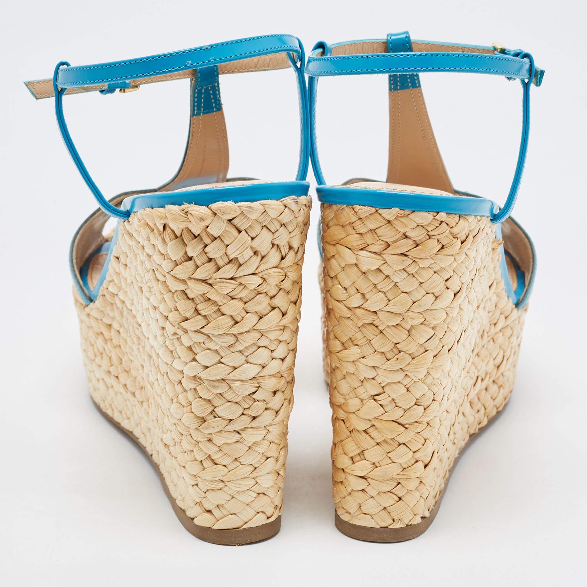 Women's Sergio Rossi Blue/Beige Leather and Raffia Ankle Strap Espadrille Wedge Sandals 