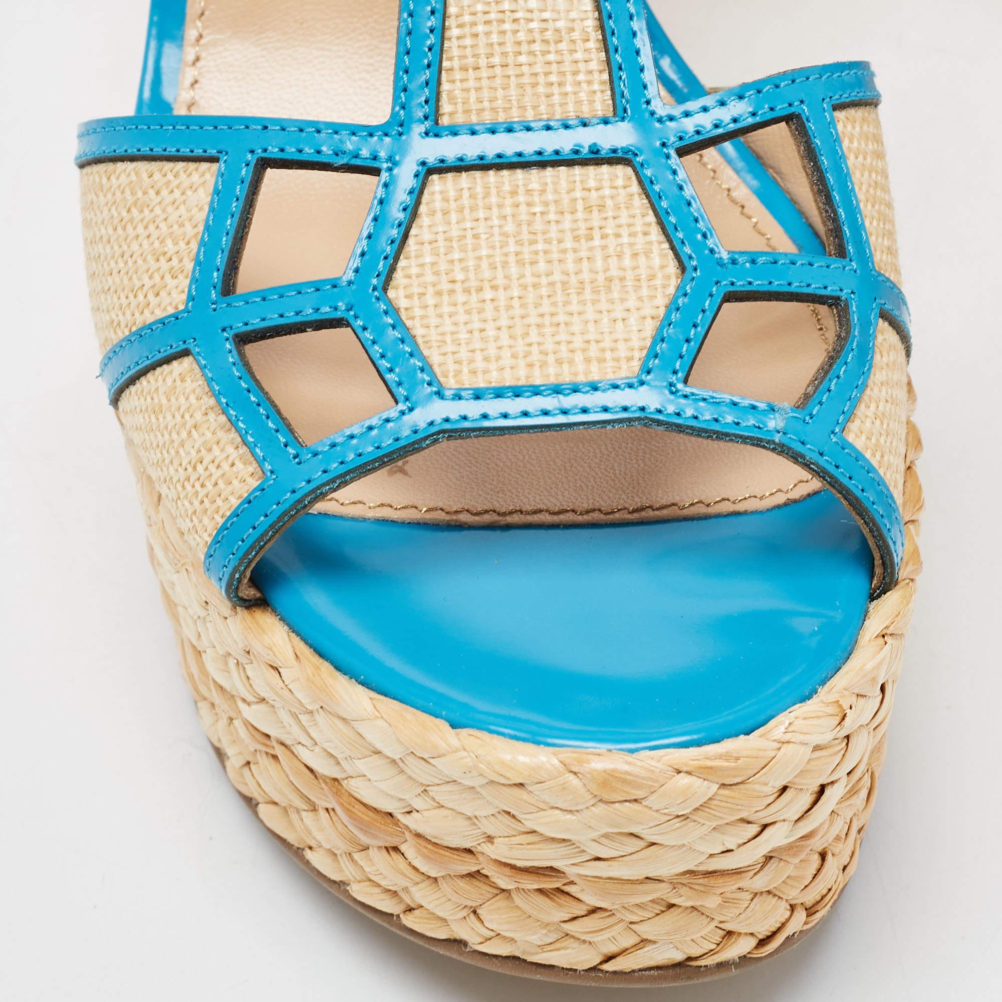Sergio Rossi Blue/Beige Leather and Raffia Ankle Strap Espadrille Wedge Sandals  1
